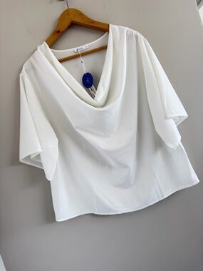 NWT Cupshe White Cowl Neck Blouse Womens Medium Flowy Minimalist Top Modern Chic